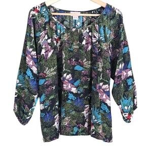 Anthropologie Bayla Jane 100% Silk Olive Green Puff Sleeve Artsy Floral Blouse